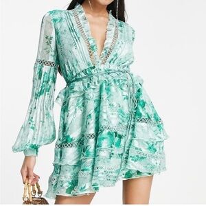 ASOS DESIGN lace insert mini dress with belt in satin stripe floral print